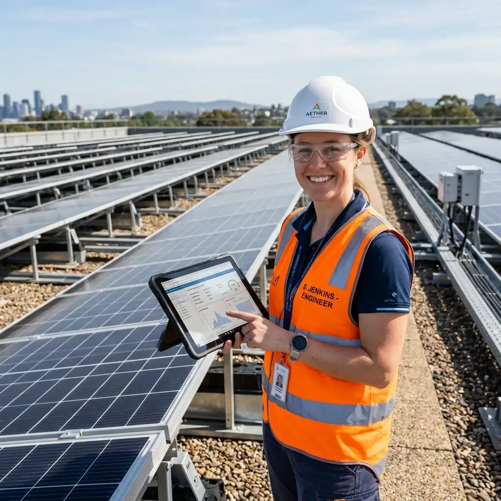Solar engineer inspecting installation